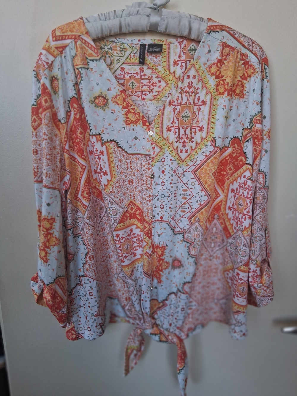 new directions Multi-Color Boho Tie-Front Blouse - Light Blue & Orange